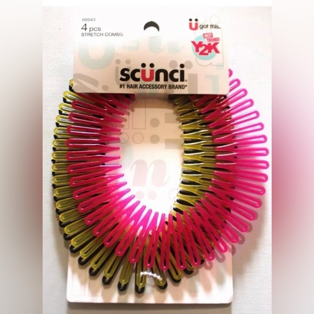 New Scunci 4 Piece Stretch Combs Pink Yellow Black Clear